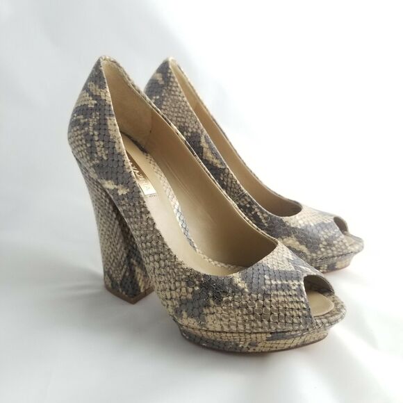 BCBGMaxAzria Dahlia Snake Print Peep Toe Heels 6 Brown Block Heel Leather - Picture 1 of 8